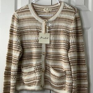 Marled Cream and Brown Striped Knit Cardigan with Front Pockets Size L